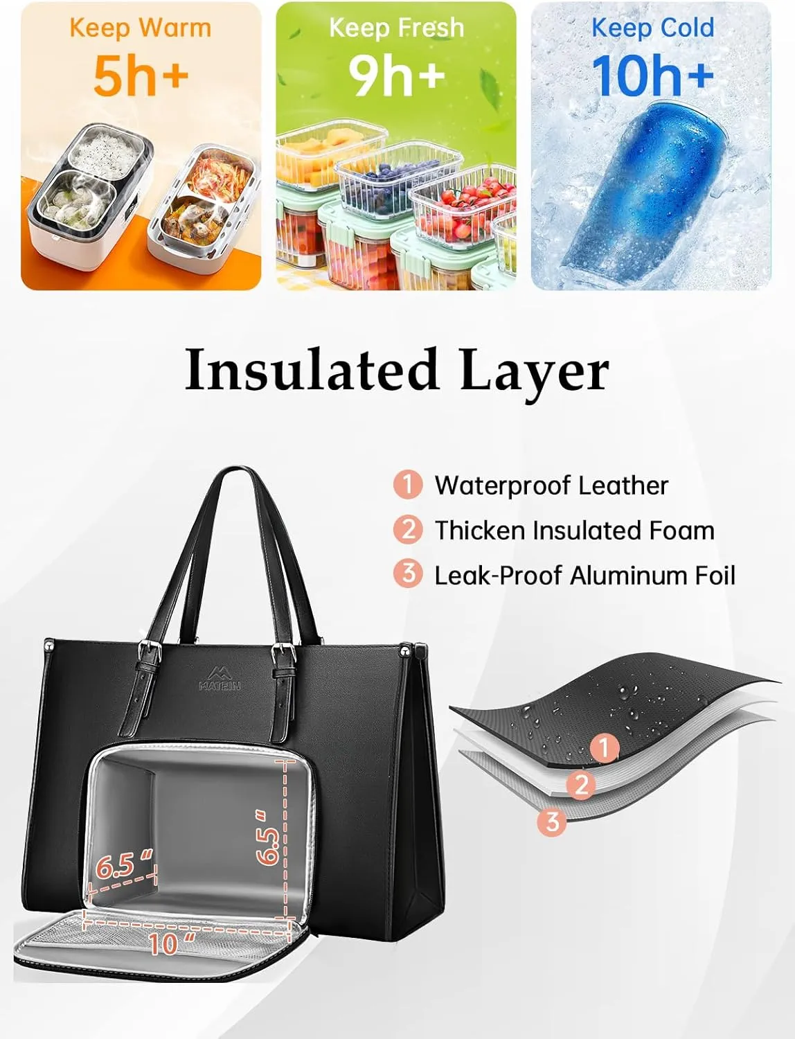 MATEIN Laptop Tote Bag with Insulated Lunch Compartment, 15.6 Inch PU Leather Briefcase with Leakproof Lunch Box Pocket for Women, Convertible Lightweight Computer Work Bag Handbag for Office, Black