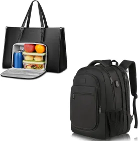MATEIN Travel Backpack Bundle | Insulated Lunch Compartment, 15.6 Inch PU Leather Briefcase with Leakproof Lunch Box & Expandable Laptop Backpack with USB Charging Port