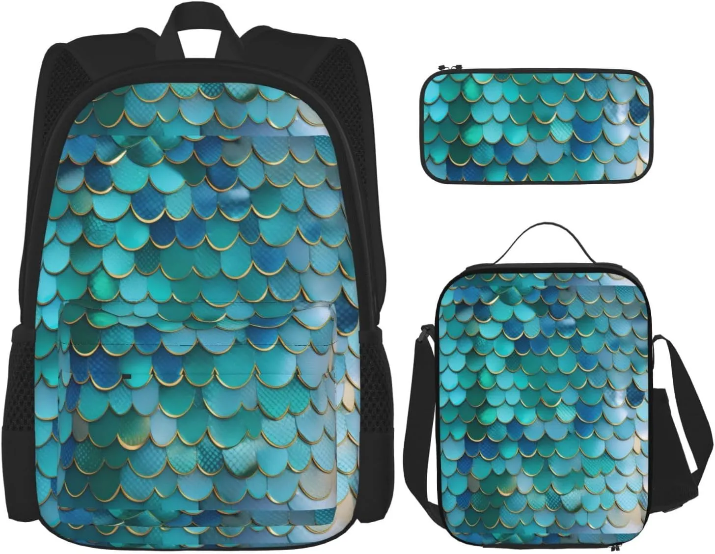 Mermaid Scale print 3-Piece Casual Backpack Set (Backpack   Waist Bag   Small Pouch), Unisex Daypack
