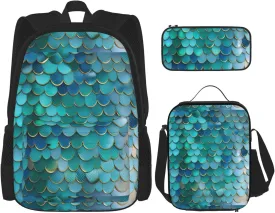 Mermaid Scale print 3-Piece Casual Backpack Set (Backpack   Waist Bag   Small Pouch), Unisex Daypack