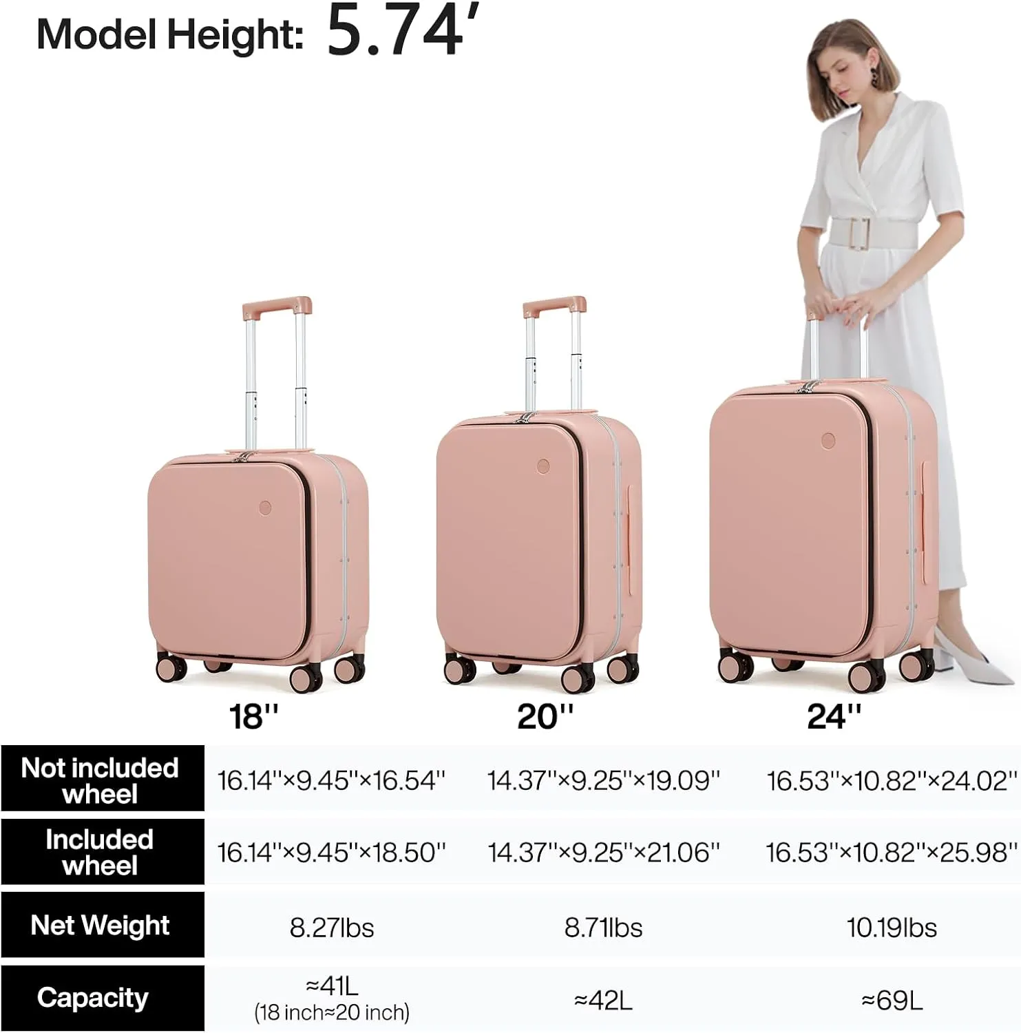 Mixi Carry On Luggage, 18 Suitcase with Front Laptop Pocket, Travel Luggage Aluminum Frame PC Hardside with Spinner Wheels & TSA Lock and Cover (Not for Underseat) -Pink