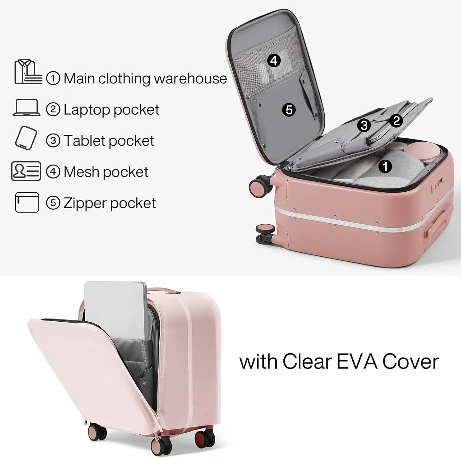Mixi Carry On Luggage, 18 Suitcase with Front Laptop Pocket, Travel Luggage Aluminum Frame PC Hardside with Spinner Wheels & TSA Lock and Cover (Not for Underseat) -Pink