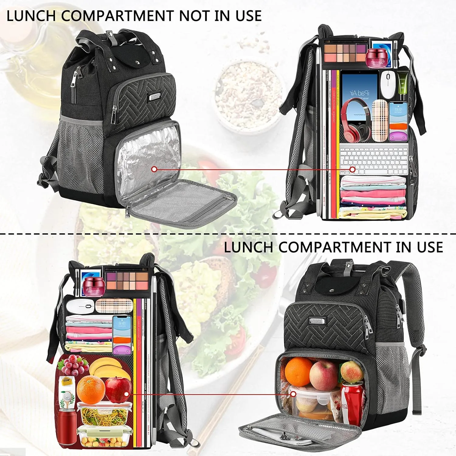 Mogplof Lunch Backpack, Backpack Lunch Bag for Women, 15.6 Inch Lunchbox Backpack with USB and RFID Pockets, Water-resistant Backpack with Lunch Compartment,Laptop lunch Bag for Work Picnic
