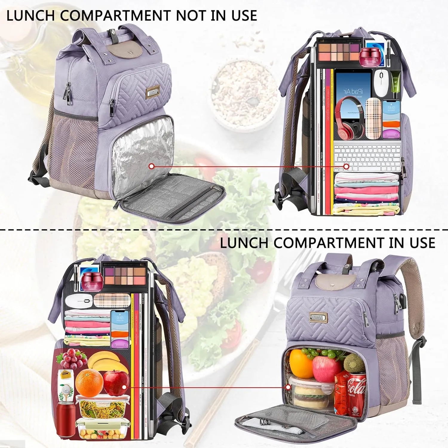 Mogplof Lunch Bag Backpack, Insulated Cooler Laptop Backpack Water-resistant with USB Port, 15.6 Inch Laptop Bookbag Food Backpacks for Work College Travel,Lunch Box Bag RFID for Women Nurse, Purple