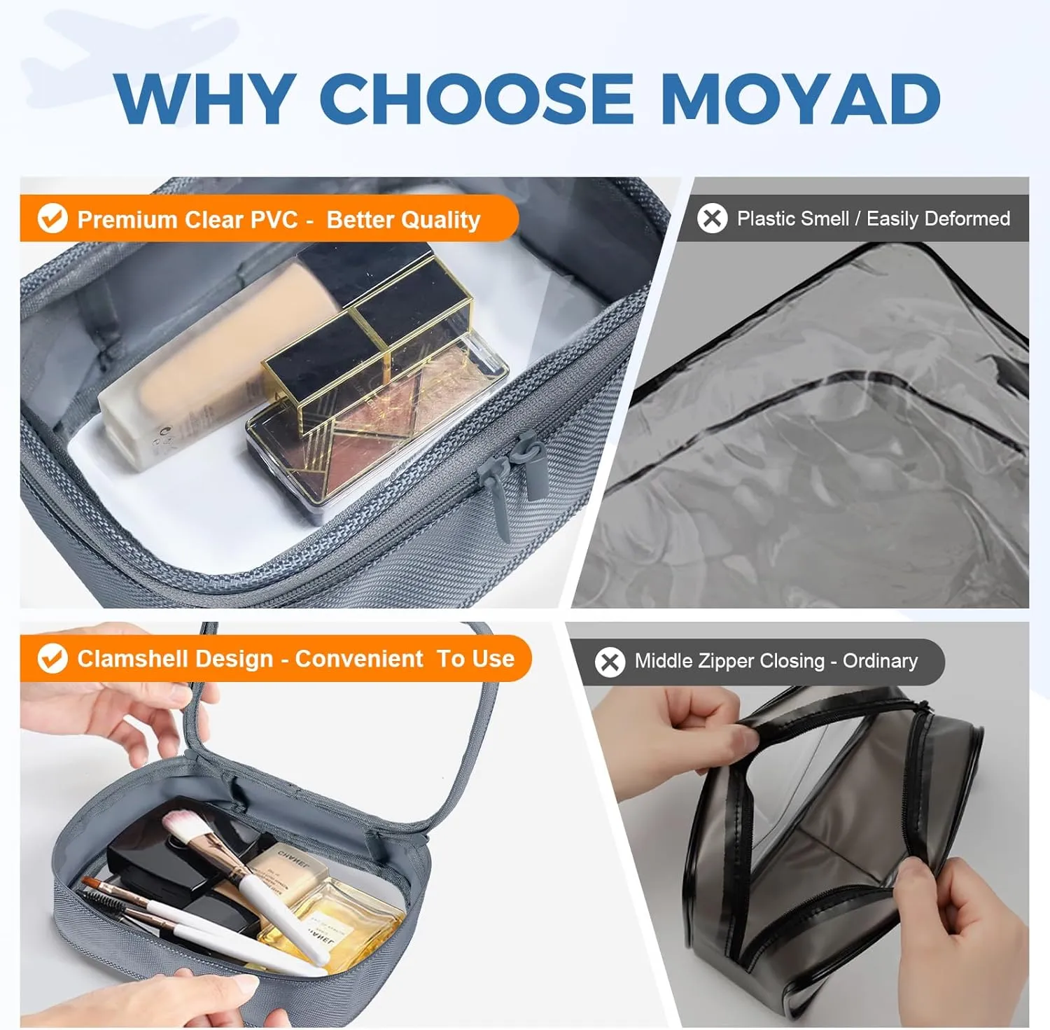 Moyad TSA Approved Clear Toiletry Bag, 1 Pack Quart Size 3-1-1 Liquids Pouch for Travel, Transparent Makeup & Cosmetic Organizer for Women Men, Grey