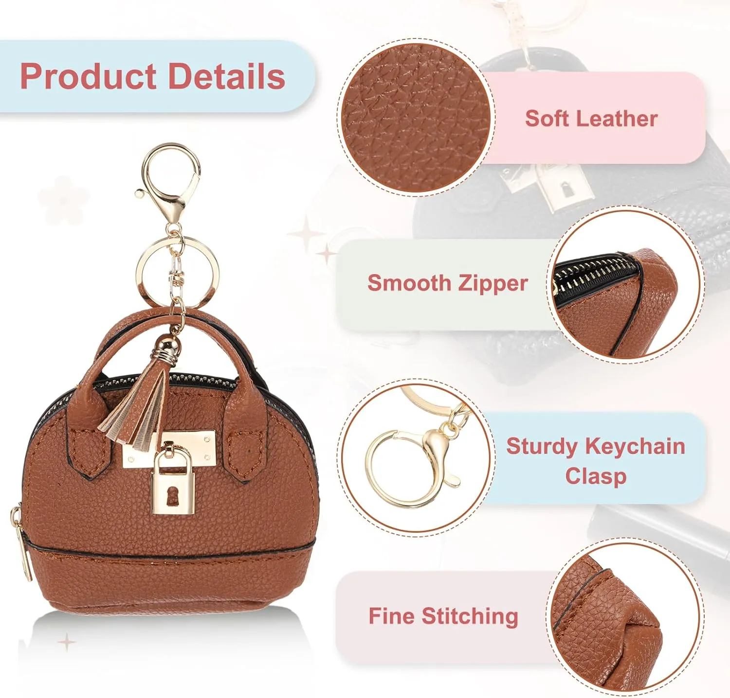 PATIKIL Mini Tote Bag Keychain, Cute Coin Purse Keychain PU Leather Backpack Purse Key Chain Little Cosmetic Bag Keychains for Women Makeup Card Data Cable, Brown