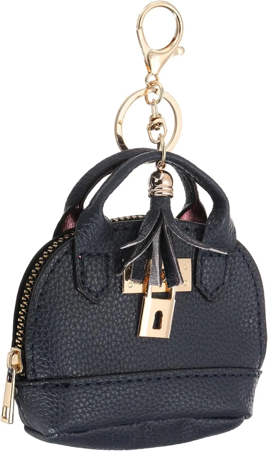 PATIKIL Mini Tote Bag Keychain, Cute Coin Purse Keychain PU Leather Backpack Purse Key Chain Little Cosmetic Bag Keychains for Women Makeup Card Data Cable, Dark Blue