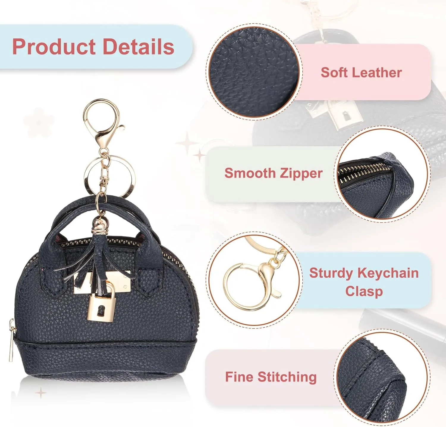 PATIKIL Mini Tote Bag Keychain, Cute Coin Purse Keychain PU Leather Backpack Purse Key Chain Little Cosmetic Bag Keychains for Women Makeup Card Data Cable, Dark Blue