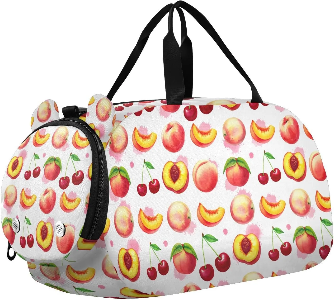 Peach Cherry Fruit White Kids Travel Duffel Bag for Boys Girls Overnight Weekend Tote Bag with Shoes Compartment for Beach Swim Trip