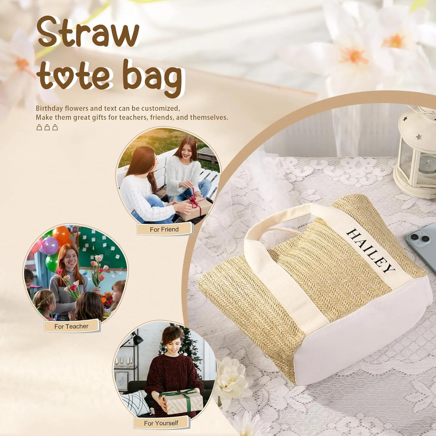 Personalized Tote Bag with Name  Custom Straw Bag for Women  Reusable Shopping Bag, Bridesmaid Gifts