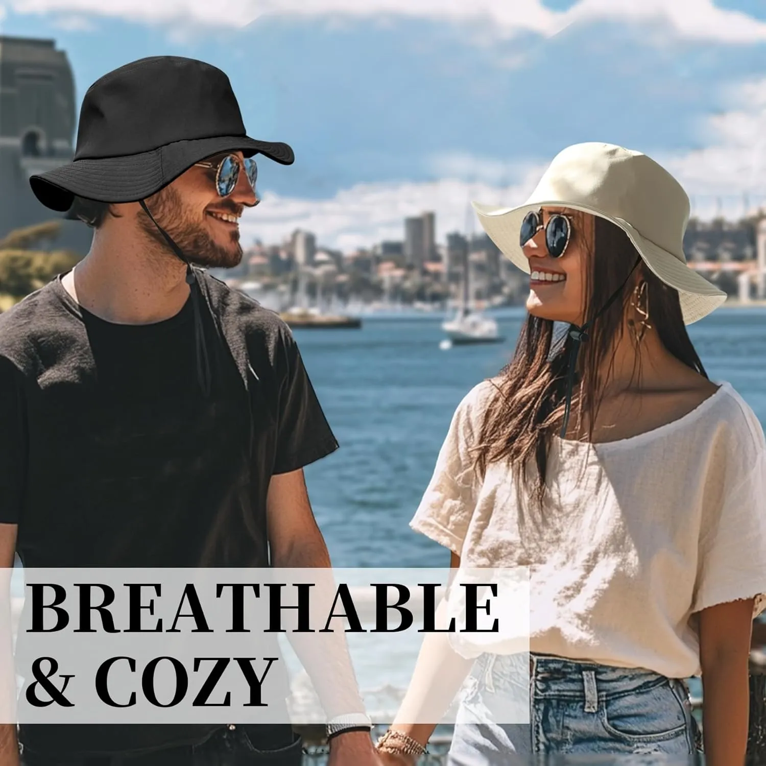PFFY Sun Bucket Hat for Women Men Lightweight Breathable Packable Hats with Detachable Chin Strap