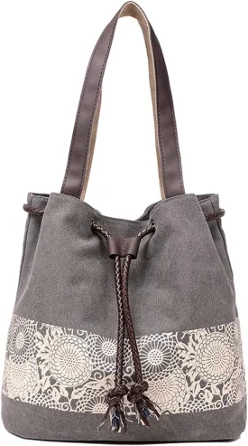 PORRASSO Women Shoulder Bag Canvas Tote Bag Retro Drawstring Bucket Bag Ladies