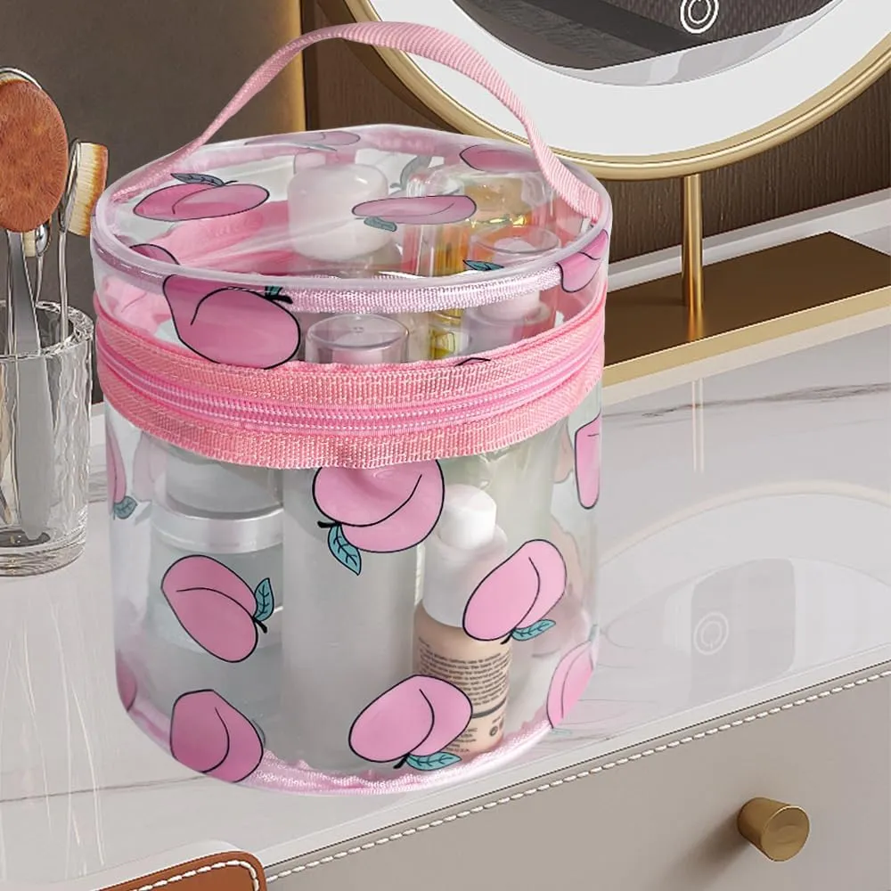 Printed Flowers Clear Cylinder Travel Makeup Bag,Portable Waterproof Pouch with Handle Ideal for Women and Girl (Honey Peach 1)