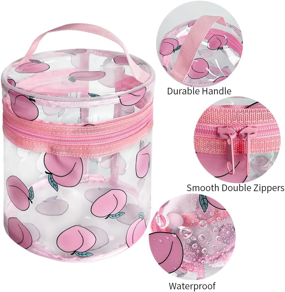 Printed Flowers Clear Cylinder Travel Makeup Bag,Portable Waterproof Pouch with Handle Ideal for Women and Girl (Honey Peach 1)