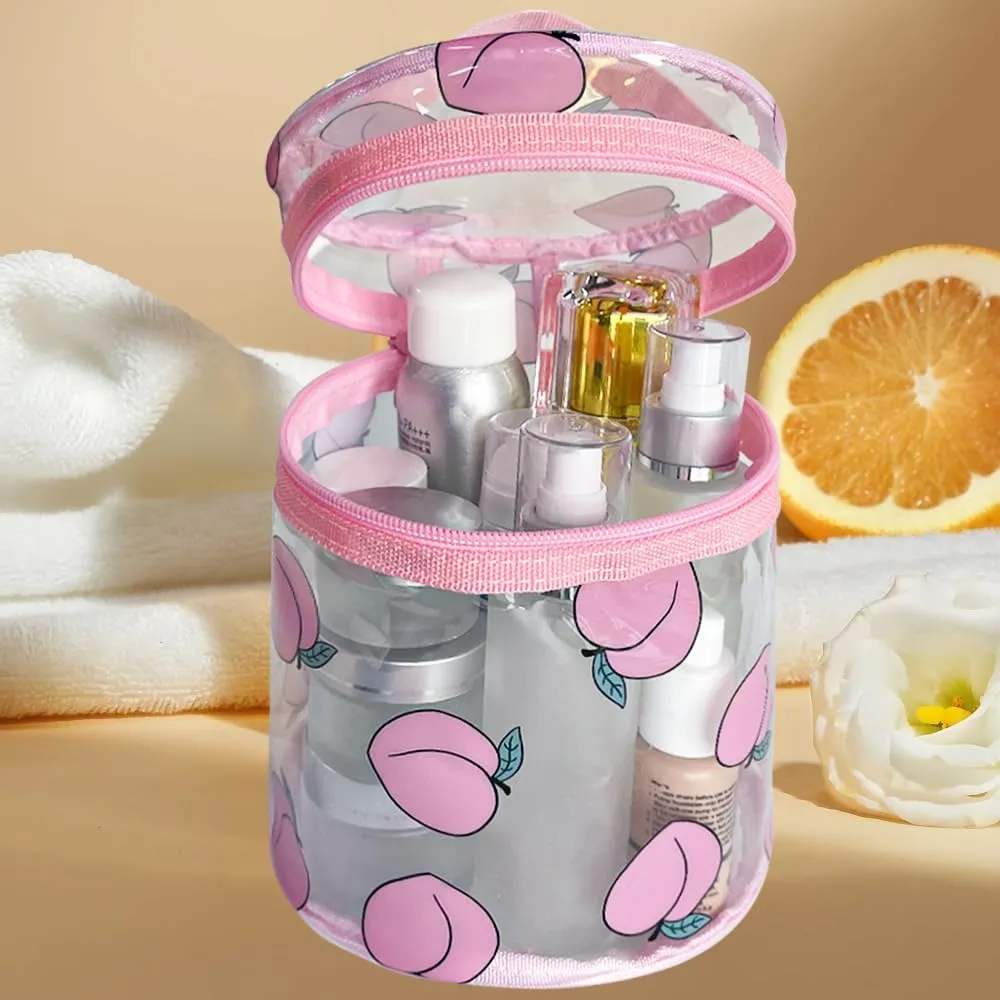 Printed Flowers Clear Cylinder Travel Makeup Bag,Portable Waterproof Pouch with Handle Ideal for Women and Girl (Honey Peach 1)