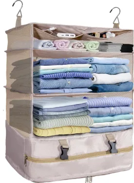 Protable Hanging Travel Shelf Bag, Expandable Packing Cube, Luggage Packing Organizer,X-Large Carry-On Closet with 4-Shelf & 2 Hooks, Suitcase Organizer Bag for Hotel, Bedroom, RV (Beige)