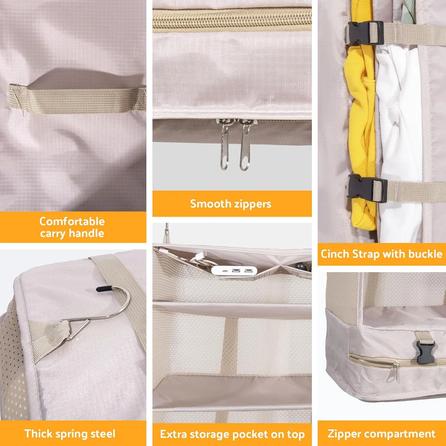 Protable Hanging Travel Shelf Bag, Expandable Packing Cube, Luggage Packing Organizer,X-Large Carry-On Closet with 4-Shelf & 2 Hooks, Suitcase Organizer Bag for Hotel, Bedroom, RV (Beige)