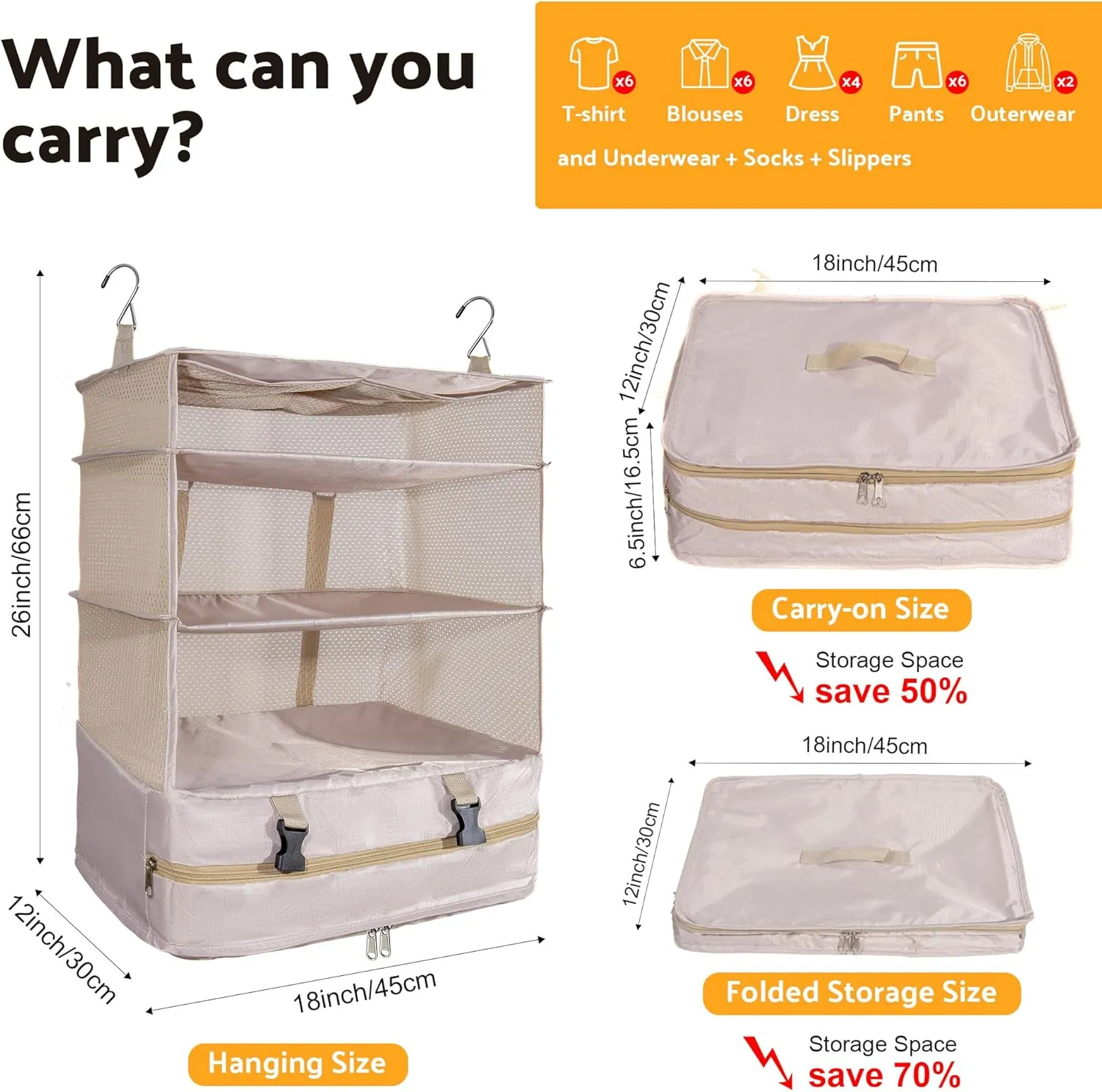 Protable Hanging Travel Shelf Bag, Expandable Packing Cube, Luggage Packing Organizer,X-Large Carry-On Closet with 4-Shelf & 2 Hooks, Suitcase Organizer Bag for Hotel, Bedroom, RV (Beige)