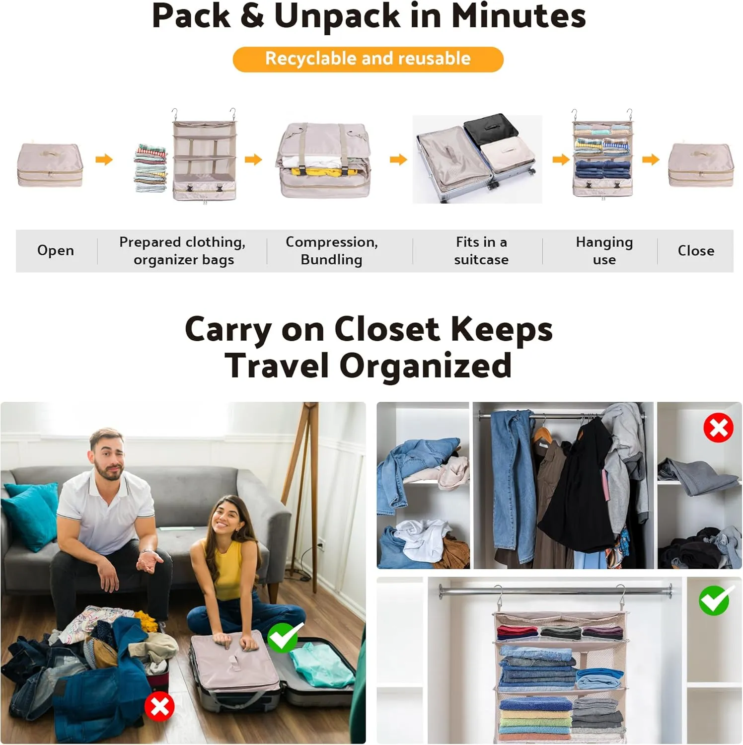 Protable Hanging Travel Shelf Bag, Expandable Packing Cube, Luggage Packing Organizer,X-Large Carry-On Closet with 4-Shelf & 2 Hooks, Suitcase Organizer Bag for Hotel, Bedroom, RV (Beige)