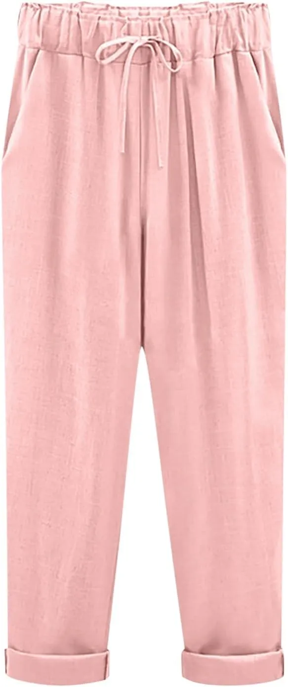 PTOLOCIF Cotton Linen Pants for Women Summer Baggy Boho Casual Palazzo Pants Wide Leg Long Lounge Trousers with Pockets