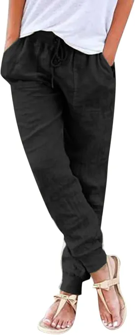 PTOLOCIF Women's Cotton Linen Pants High Waist Drawstring Pants Loose Fit Summer Flowy Boho Pant Trousers with Side Pockets