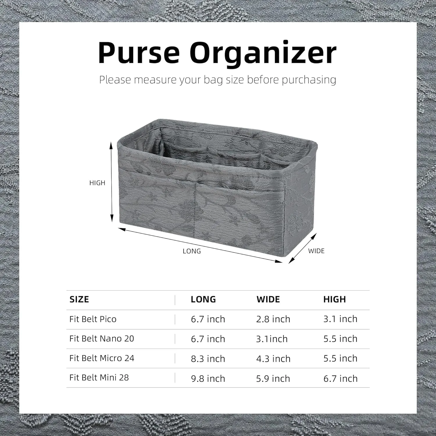 Purse Organizer Insert,Patterned Handbag Organizer Liner,Bag Tote Shaper fit Celine Belt Bags(Pico,Rock Ash)
