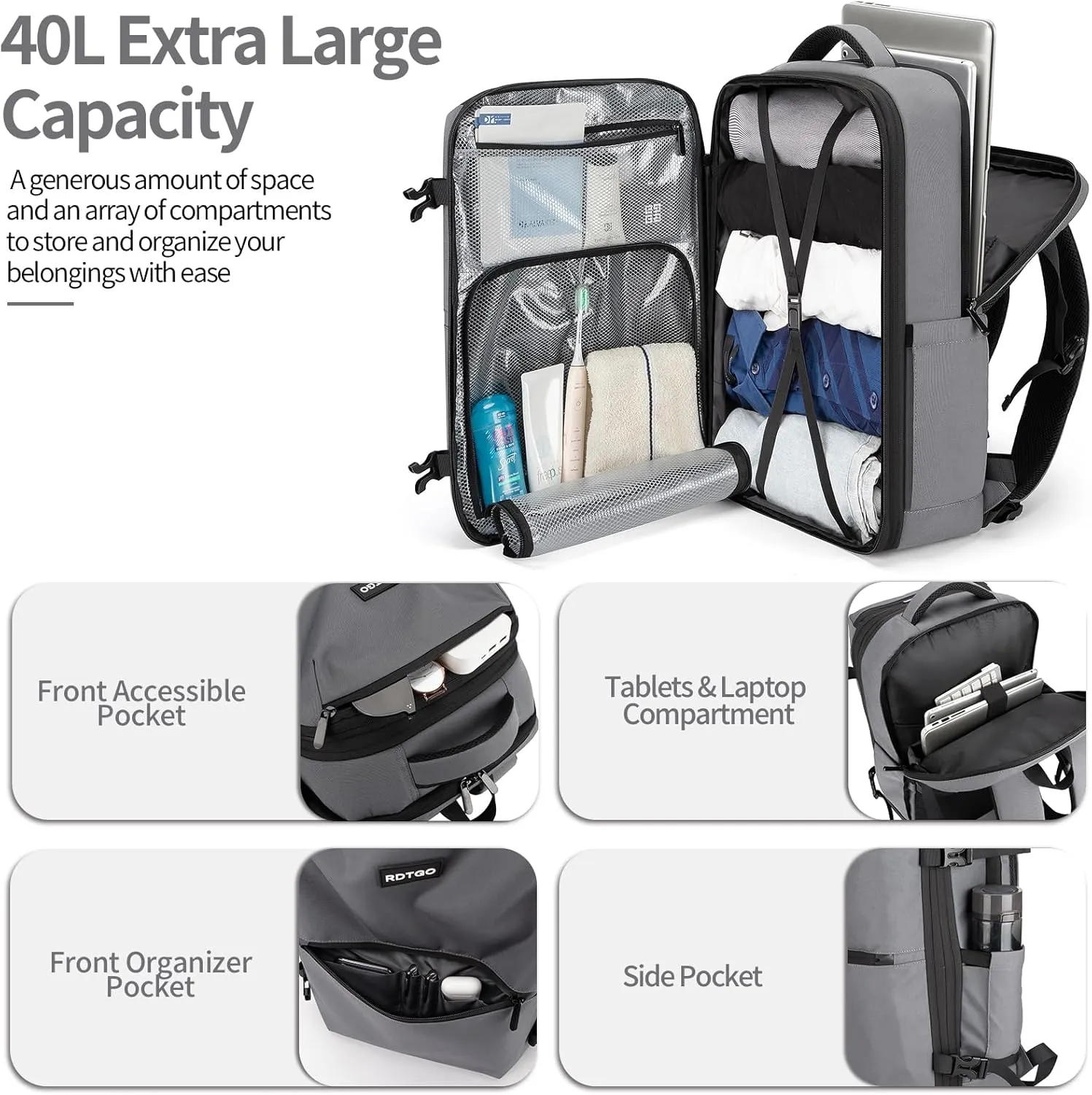 RDTGO Carry on Backpack, 40L Flight Approved Travel Backpack for Men & Women, Expandable luggage Backpack with 4 Packing Cubes, 17 inch Laptop Backpack,Water-Resistant Business Daypack Weekender Bag
