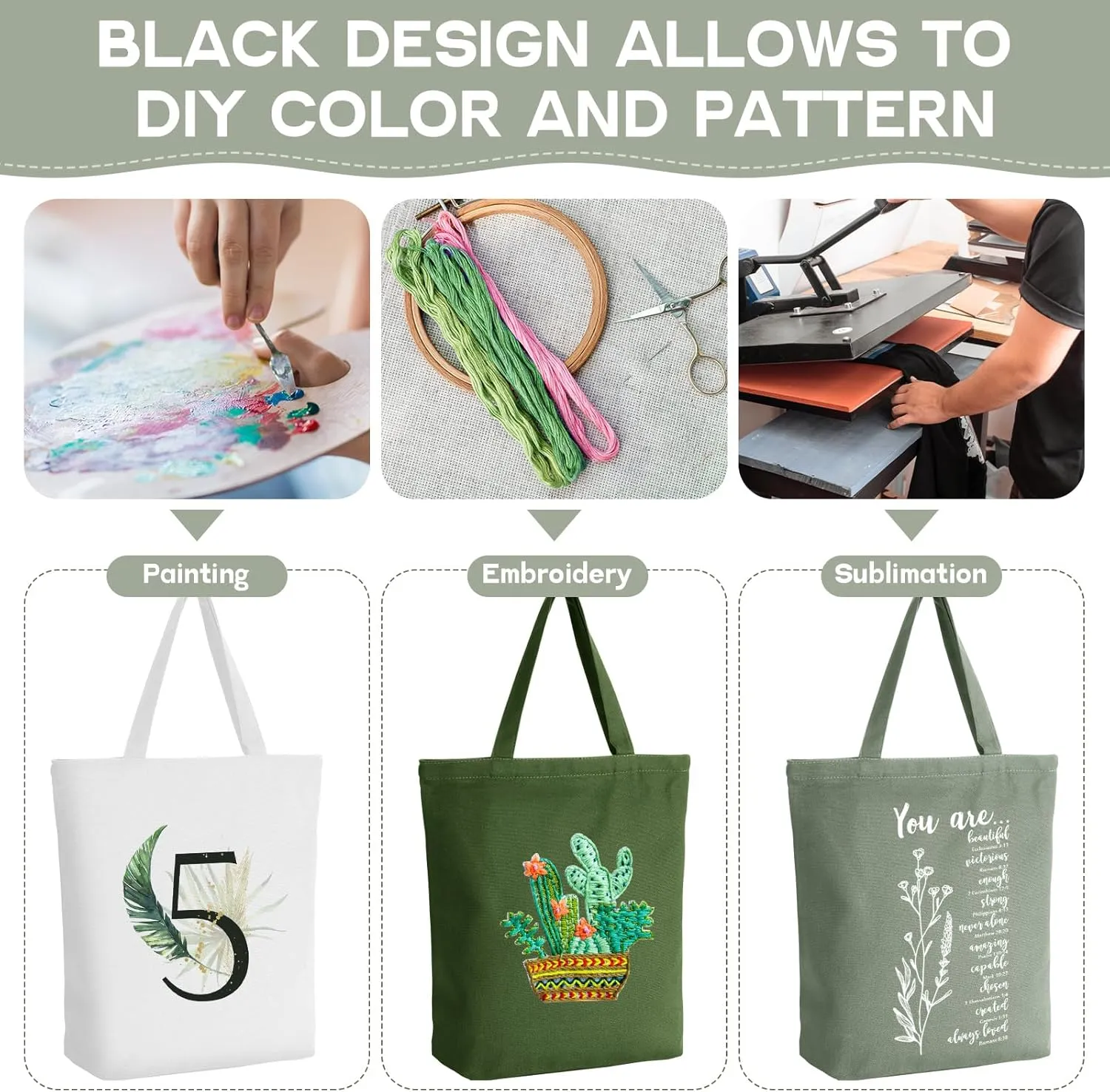 Reusable Canvas Grocery Shopping Tote Bags Bulk with Zipper and Handle Women Mom Teacher Nurse Wedding Mental Health Gifts(Green,White,5 Pcs)