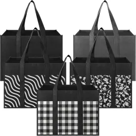 Reusable Grocery Bags 5-Pack, Large Foldable Reusable Shopping Tote Bags Bulk for Groceries, Waterproof Kitchen Cloth Produce Bags with Long Handles, Lightweight-Plaid Style H