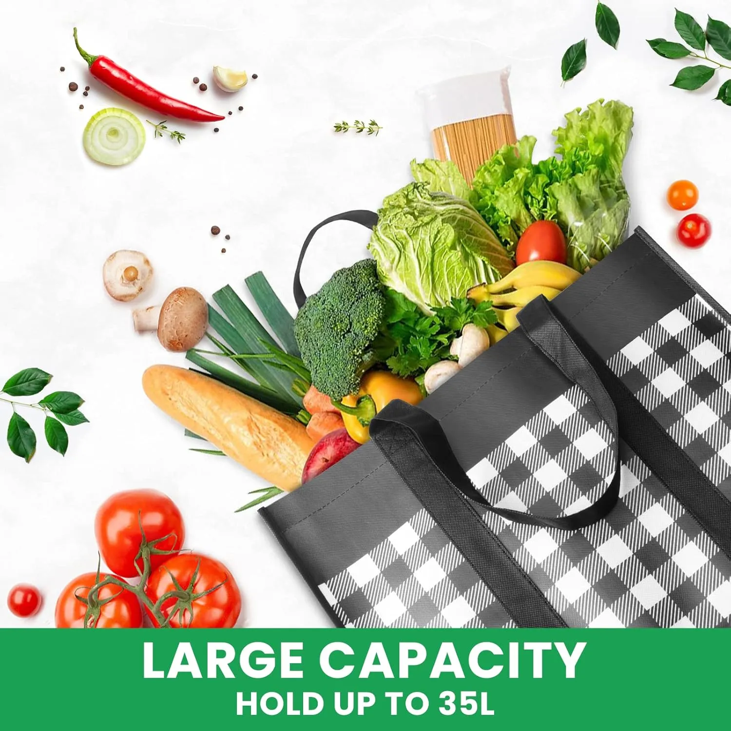 Reusable Grocery Bags 5-Pack, Large Foldable Reusable Shopping Tote Bags Bulk for Groceries, Waterproof Kitchen Cloth Produce Bags with Long Handles, Lightweight-Plaid Style H