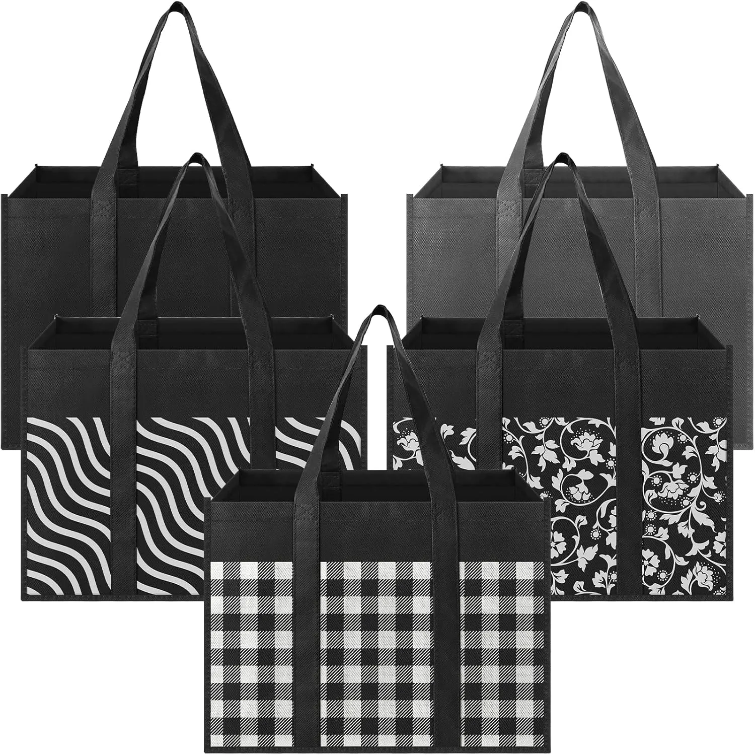 Reusable Grocery Bags 5-Pack, Large Foldable Reusable Shopping Tote Bags Bulk for Groceries, Waterproof Kitchen Cloth Produce Bags with Long Handles, Lightweight-Plaid Style H