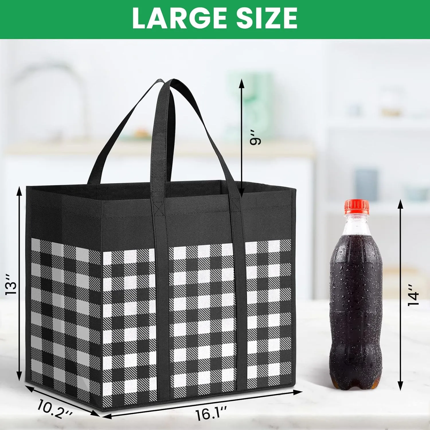 Reusable Grocery Bags 5-Pack, Large Foldable Reusable Shopping Tote Bags Bulk for Groceries, Waterproof Kitchen Cloth Produce Bags with Long Handles, Lightweight-Plaid Style H