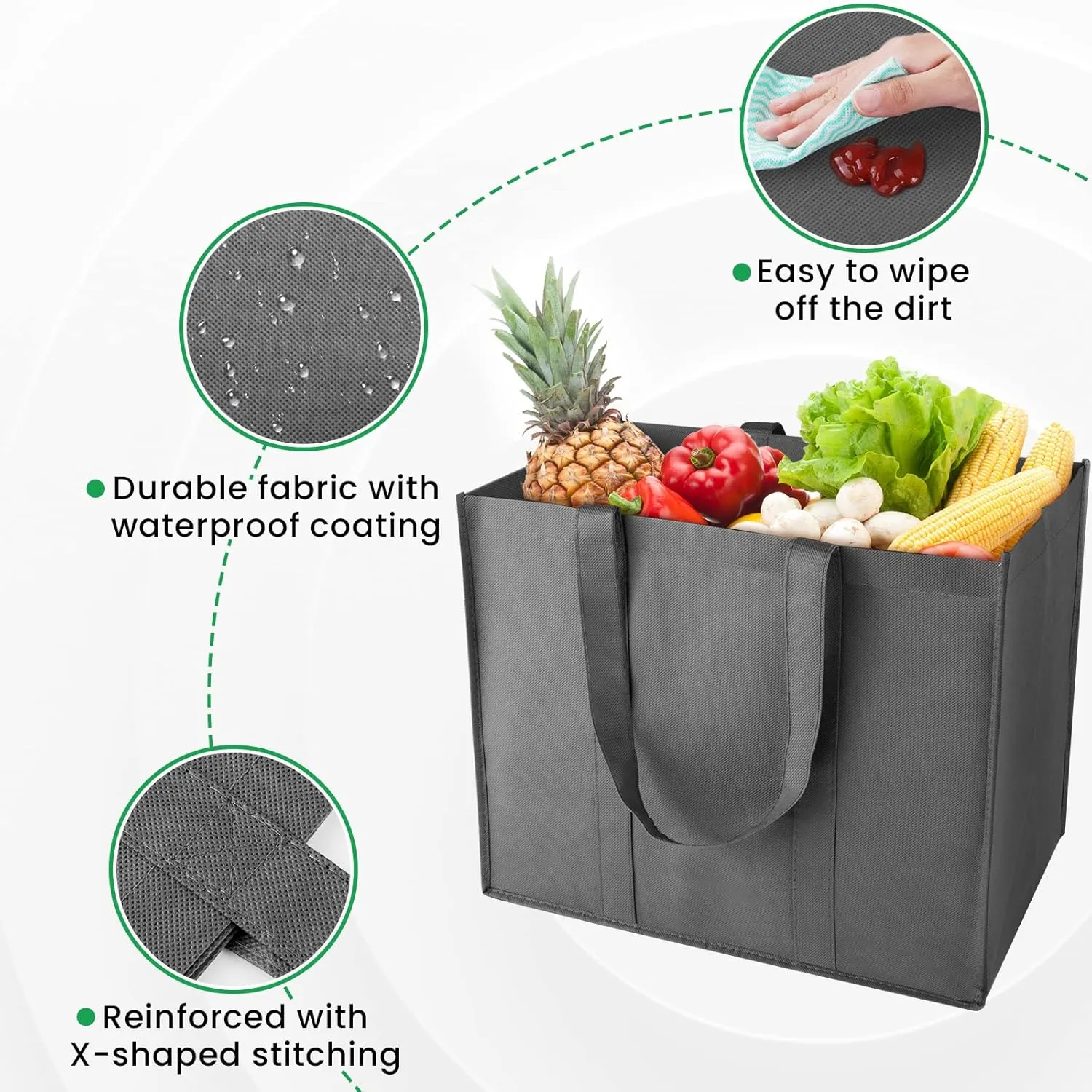 Reusable Grocery Bags 5-Pack, Large Foldable Reusable Shopping Tote Bags Bulk for Groceries, Waterproof Kitchen Cloth Produce Bags with Long Handles, Lightweight-Plaid Style H