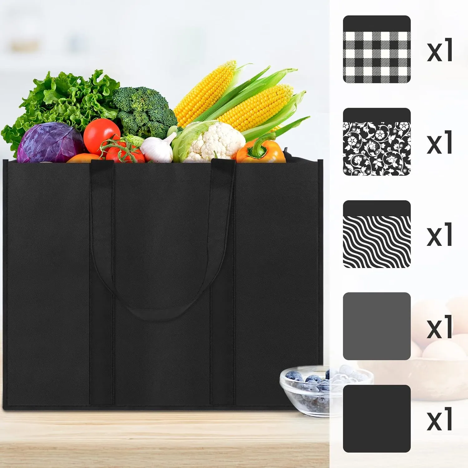 Reusable Grocery Bags 5-Pack, Large Foldable Reusable Shopping Tote Bags Bulk for Groceries, Waterproof Kitchen Cloth Produce Bags with Long Handles, Lightweight-Plaid Style H