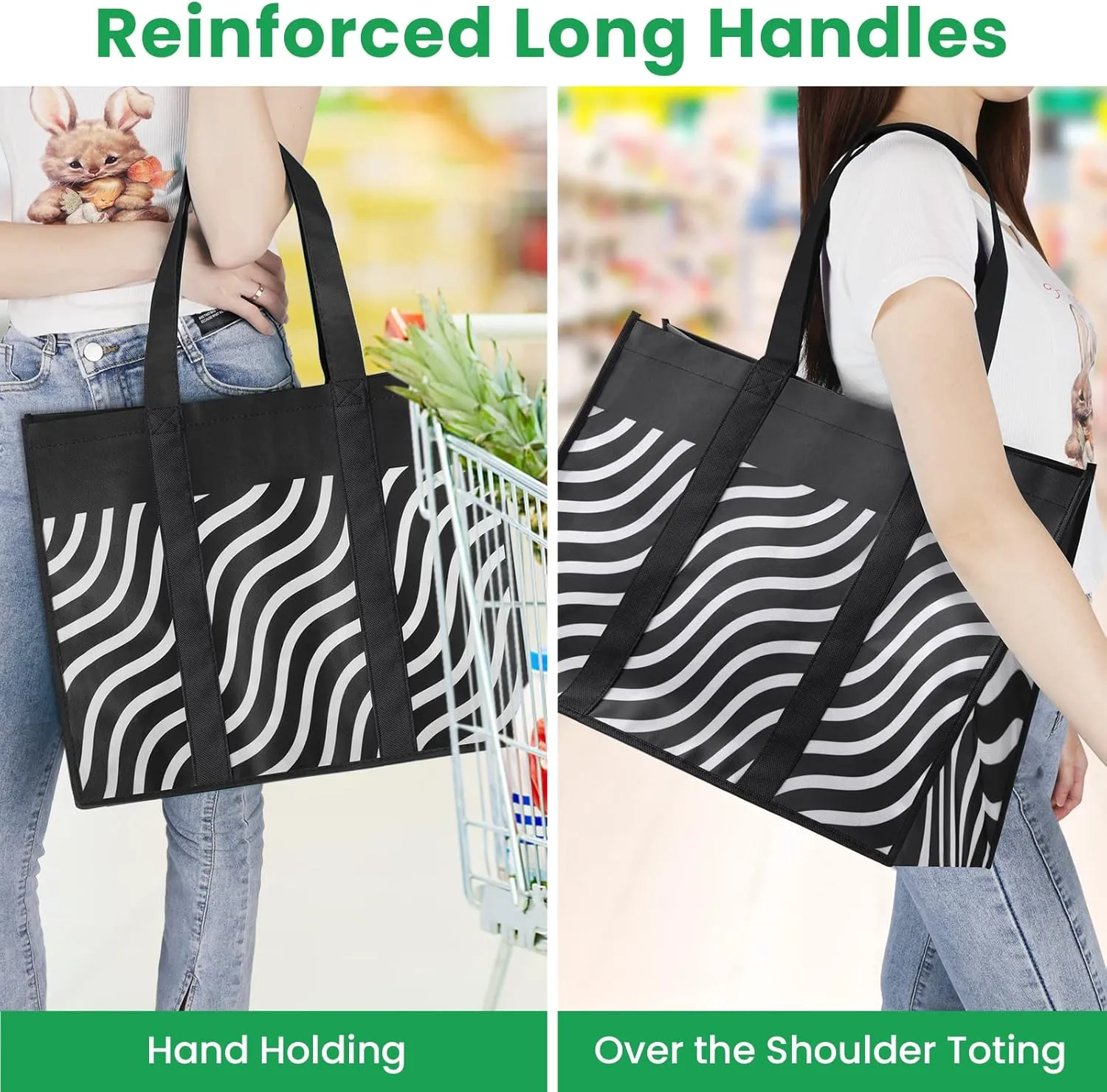 Reusable Grocery Bags 5-Pack, Large Foldable Reusable Shopping Tote Bags Bulk for Groceries, Waterproof Kitchen Cloth Produce Bags with Long Handles, Lightweight-Plaid Style H