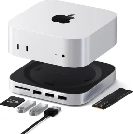 Satechi Mac mini M4 Hub & Stand with NVMe SSD Enclosure, 2xUSB A 10Gbps, USB A Data Port, SD Card Reader for Mac mini M4, Mac mini M4 Pro - Silver