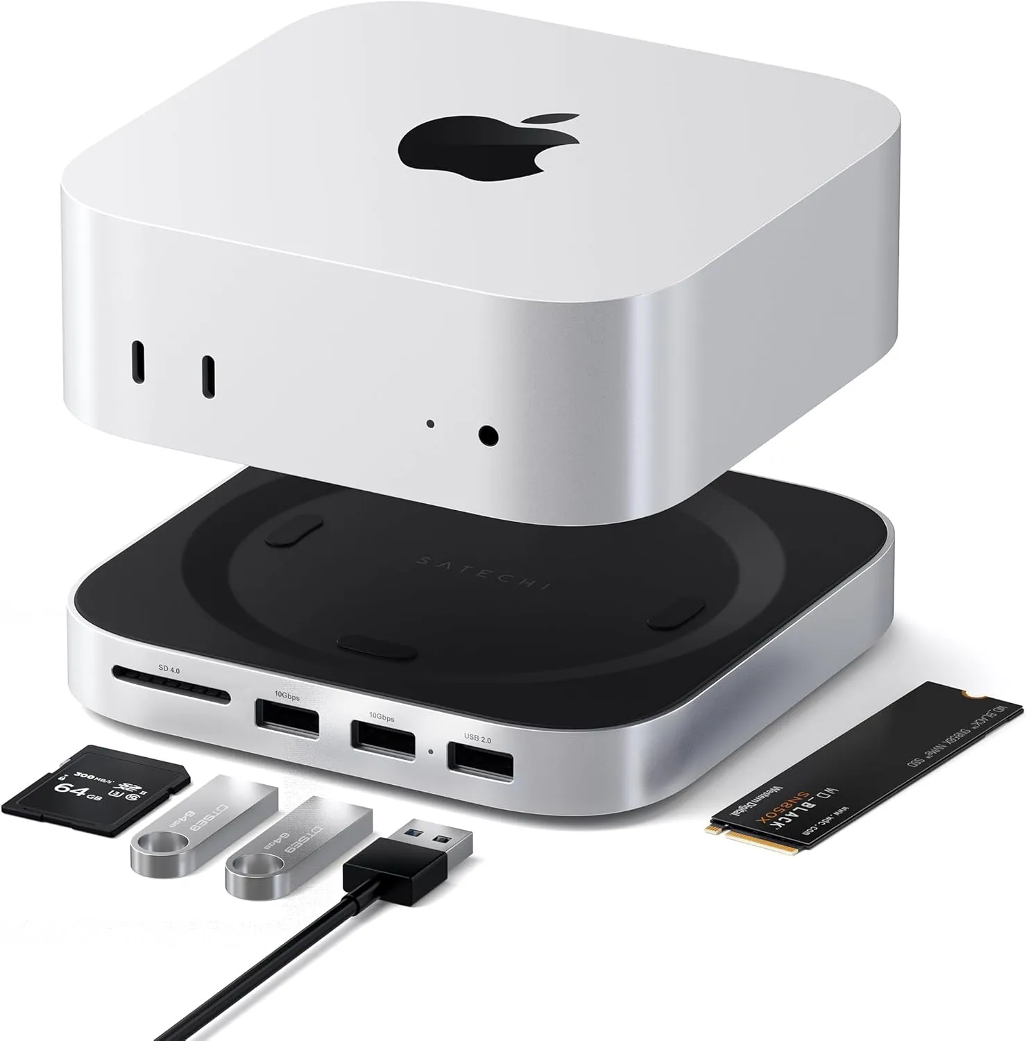 Satechi Mac mini M4 Hub & Stand with NVMe SSD Enclosure, 2xUSB A 10Gbps, USB A Data Port, SD Card Reader for Mac mini M4, Mac mini M4 Pro - Silver