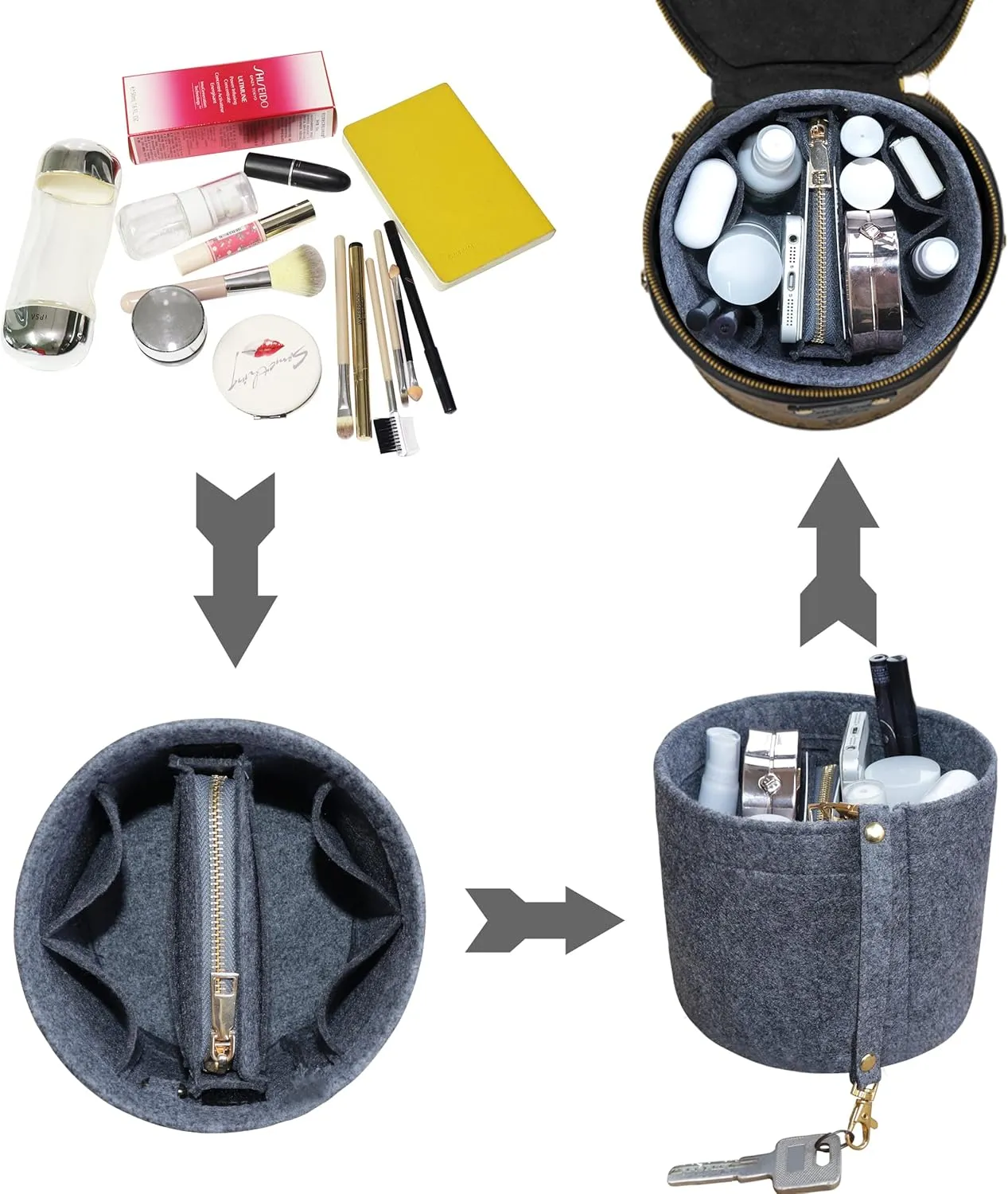 Soyizom Cylinder Bucket Bag Organizer Insert, Felt Bag Organizer with Detachable Bag and Key Chains Bag in Bag Perfect for Cannes Barrel Shape Bag Purse Insert,Grey