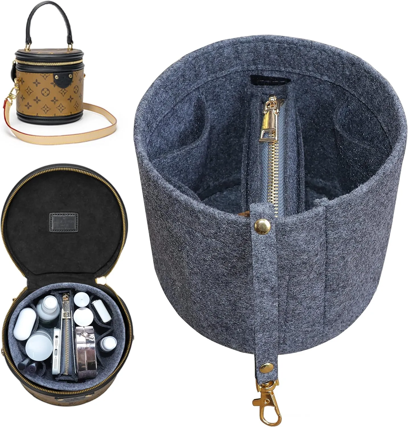 Soyizom Cylinder Bucket Bag Organizer Insert, Felt Bag Organizer with Detachable Bag and Key Chains Bag in Bag Perfect for Cannes Barrel Shape Bag Purse Insert,Grey