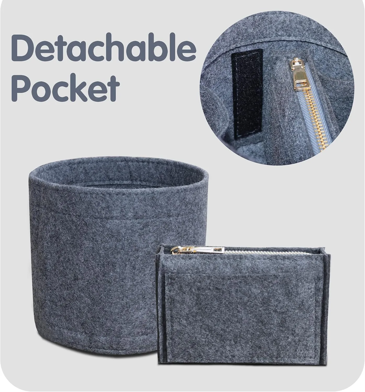 Soyizom Cylinder Bucket Bag Organizer Insert, Felt Bag Organizer with Detachable Bag and Key Chains Bag in Bag Perfect for Cannes Barrel Shape Bag Purse Insert,Grey