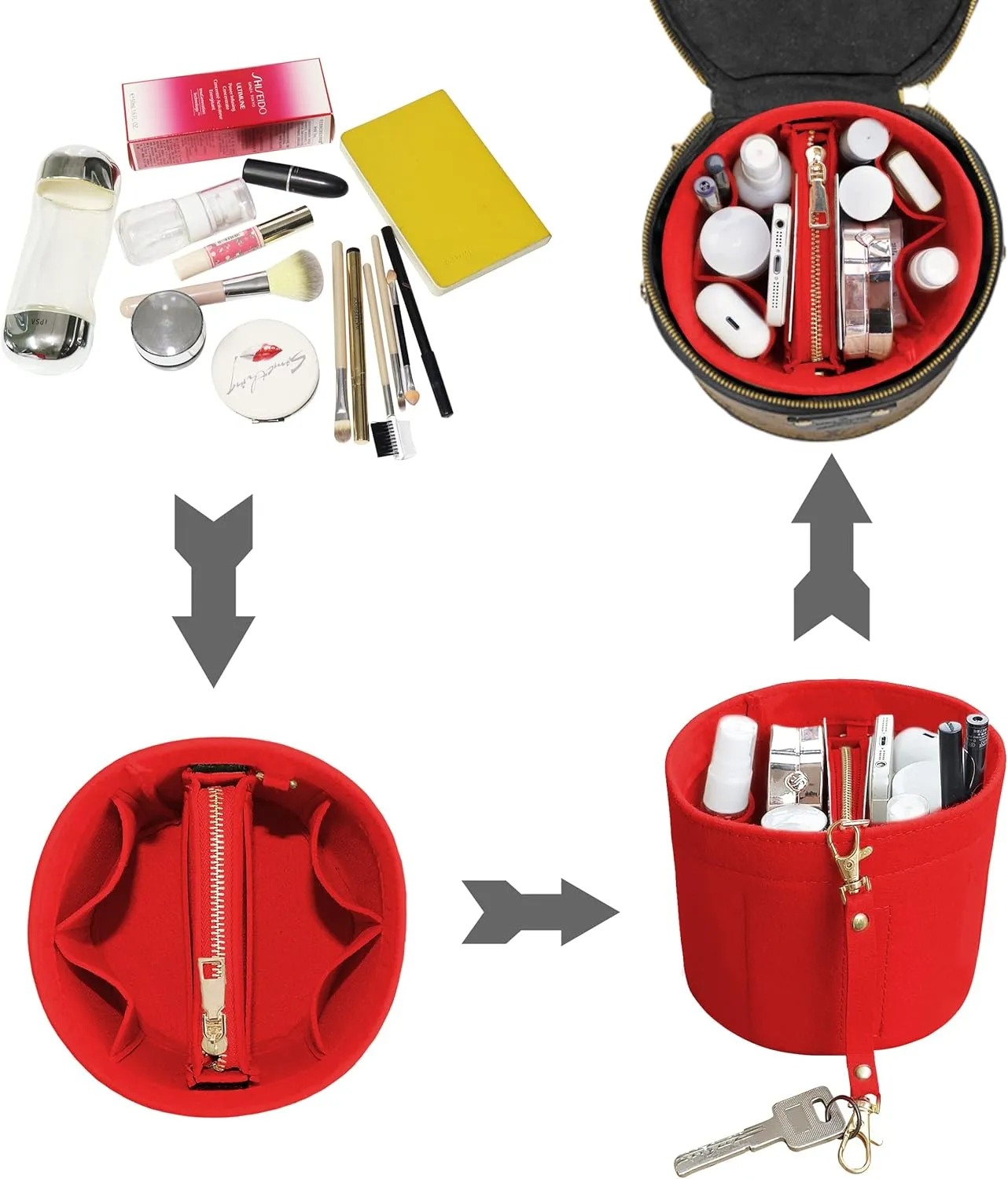 Soyizom Cylinder Bucket Bag Organizer Insert, Felt Bag Organizer with Detachable Bag and Key Chains Bag in Bag Perfect for Cannes Barrel Shape Bag Purse Insert,Red
