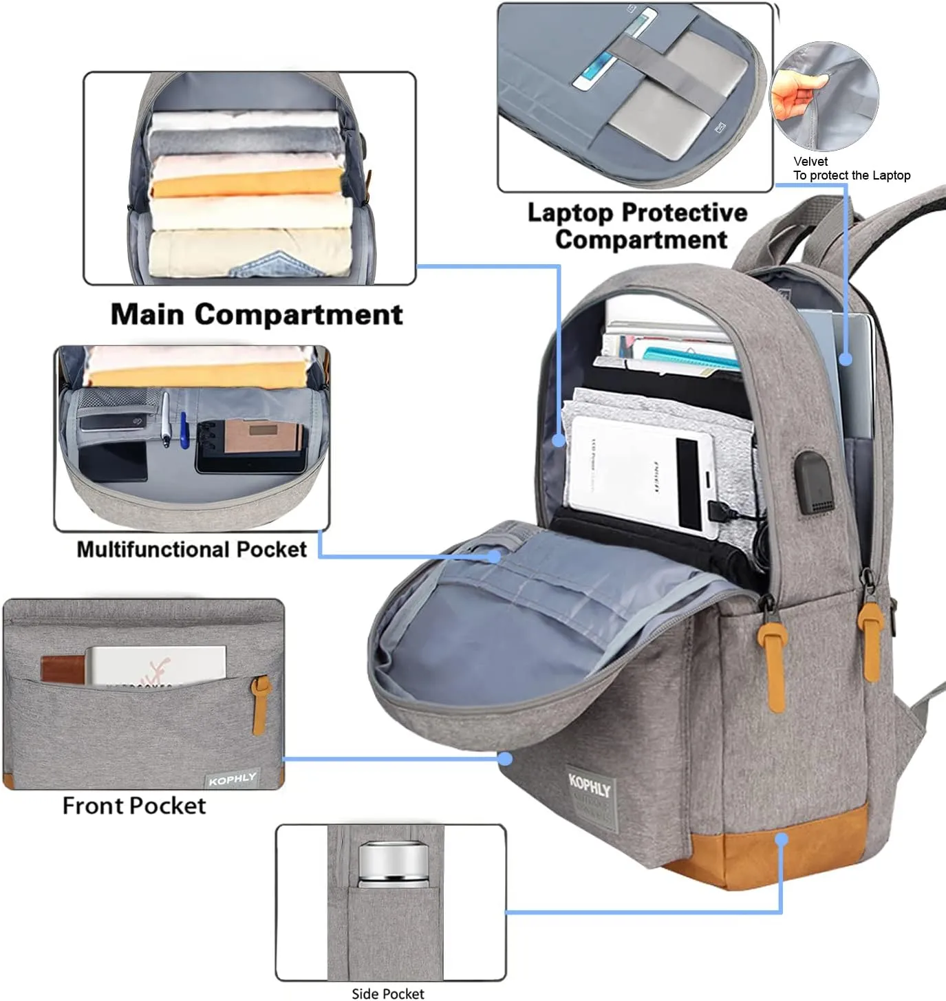 SUPACOOL Lightweight Laptop Backpack with USB Charging Port for Men and Women, Double Layers Backpack for College, Work, Travel, Casual(Light Grey)