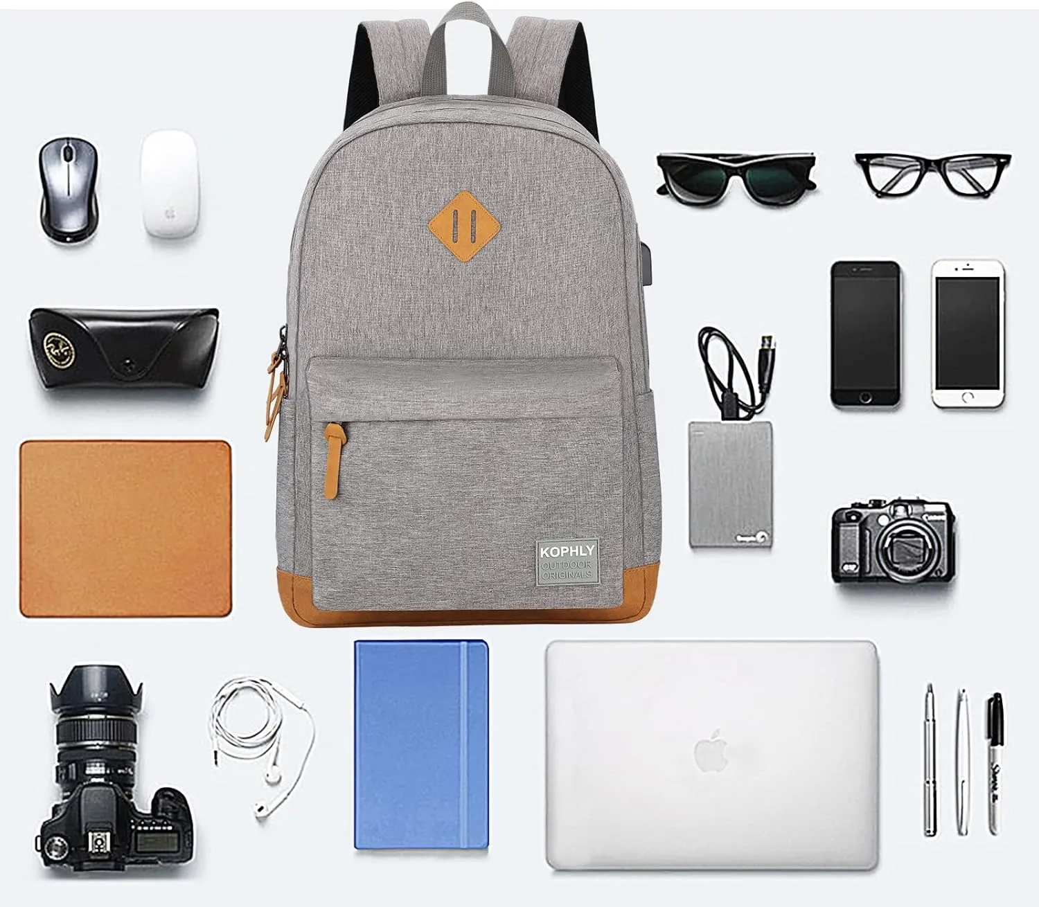 SUPACOOL Lightweight Laptop Backpack with USB Charging Port for Men and Women, Double Layers Backpack for College, Work, Travel, Casual(Light Grey)