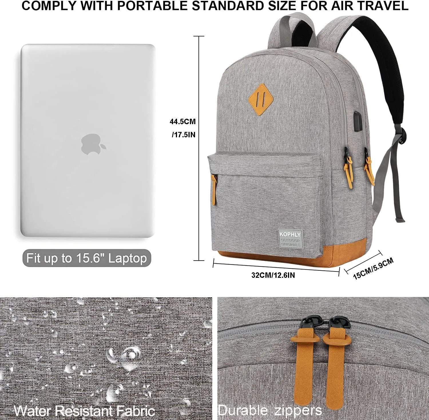 SUPACOOL Lightweight Laptop Backpack with USB Charging Port for Men and Women, Double Layers Backpack for College, Work, Travel, Casual(Light Grey)