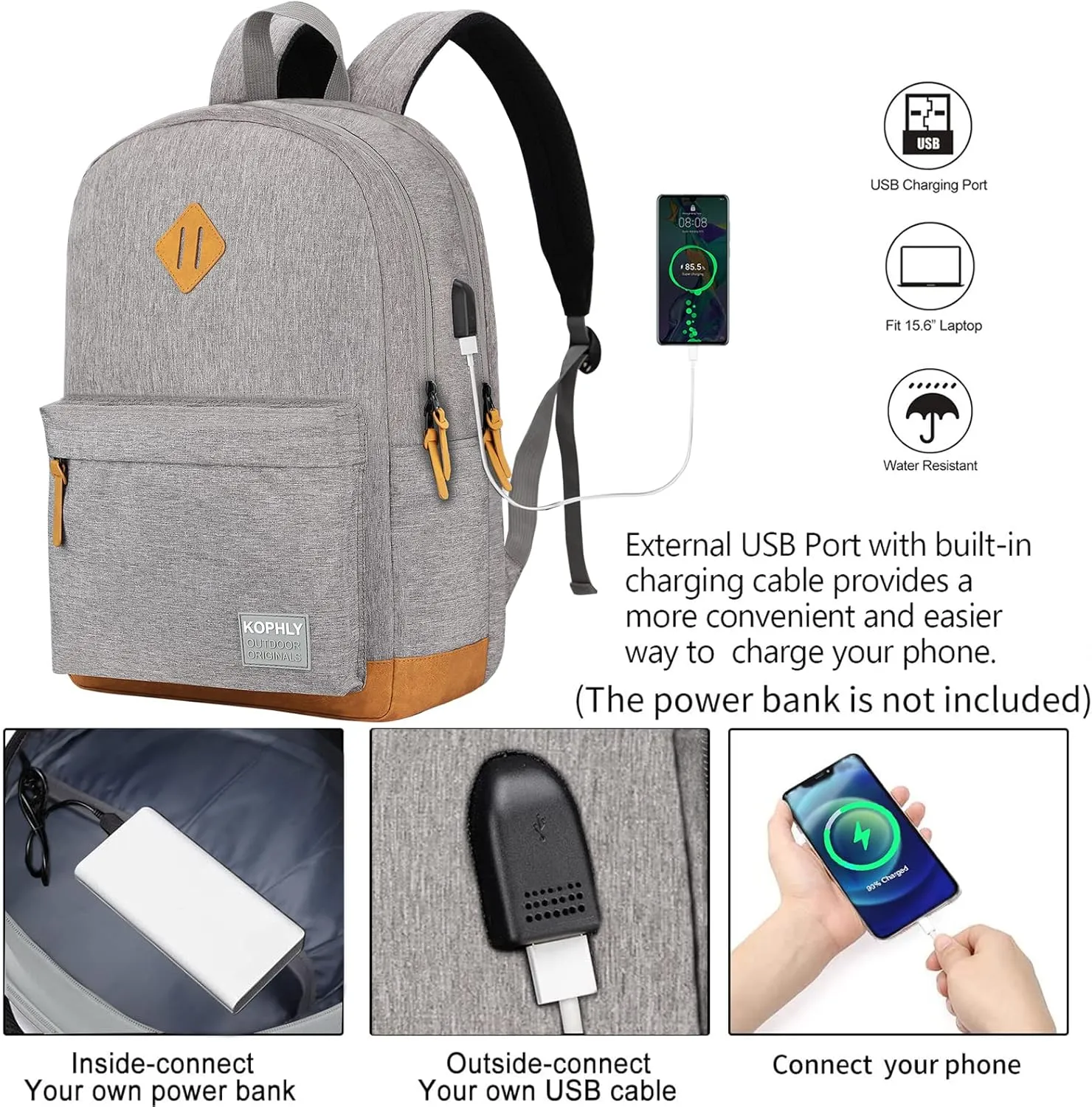 SUPACOOL Lightweight Laptop Backpack with USB Charging Port for Men and Women, Double Layers Backpack for College, Work, Travel, Casual(Light Grey)