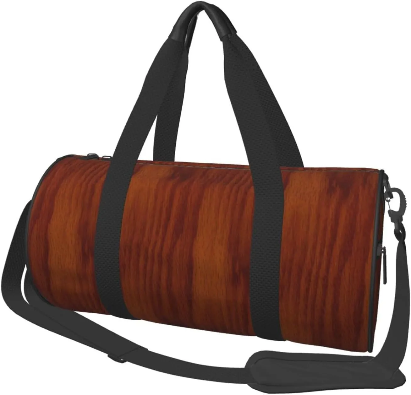 The Look Of Warm Oak Wood Grain Texture Round Duffle Bag, Spacious Sport Travel Bag With Zippered Pockets & Soft Grip Handles