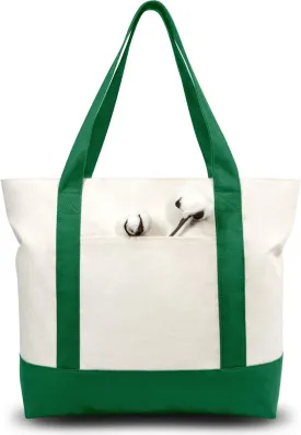 TOPDesign 1-Pack Canvas Tote Bag with an External Pocket, Reusable Grocery Shopping Bag, Top Zipper Closure, Daily Essentials (Green/Natural)