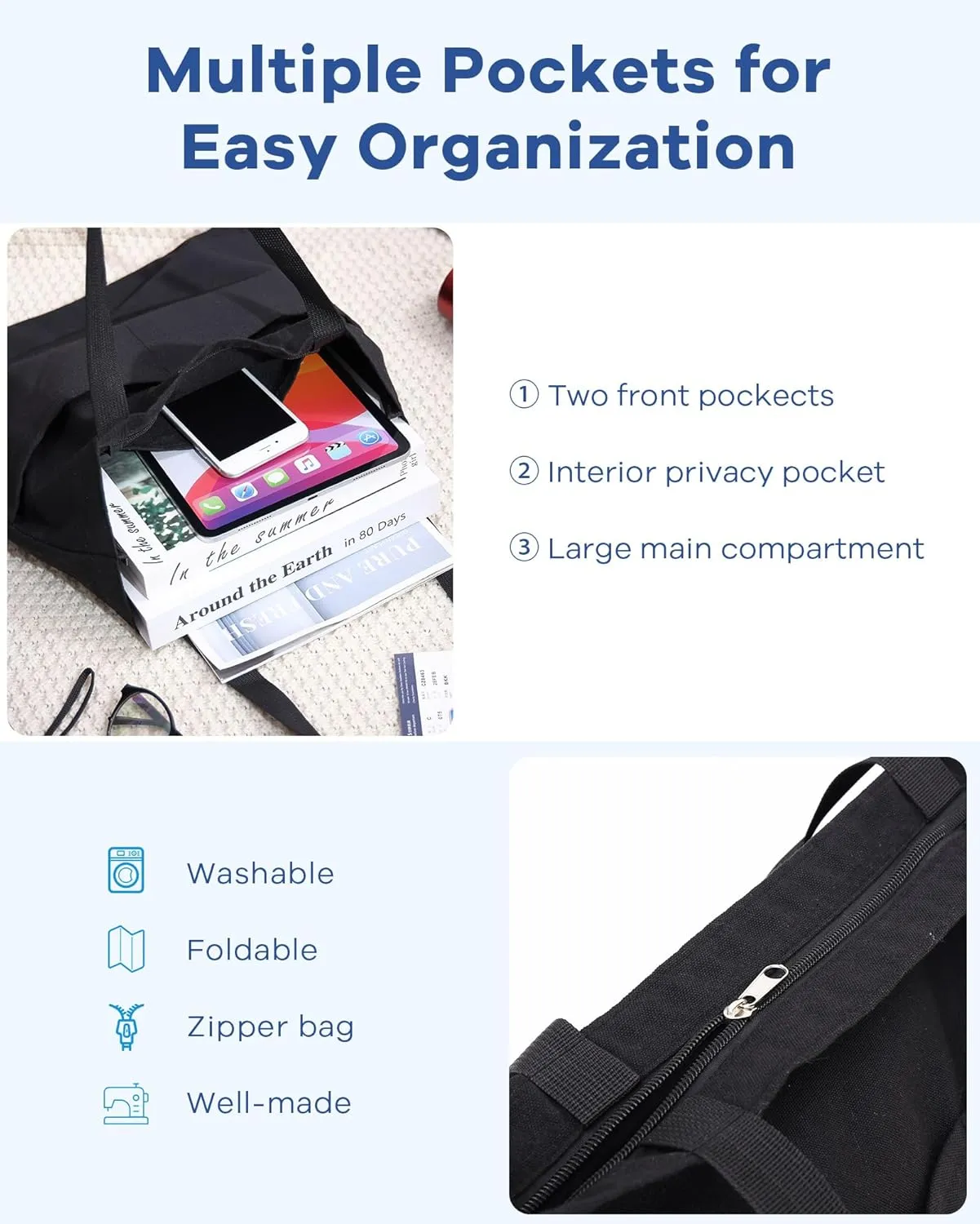 Tote Bag Aesthetic Canvas Handbags with Zipper for Women Travel Shoulder Bags Purses with compartments