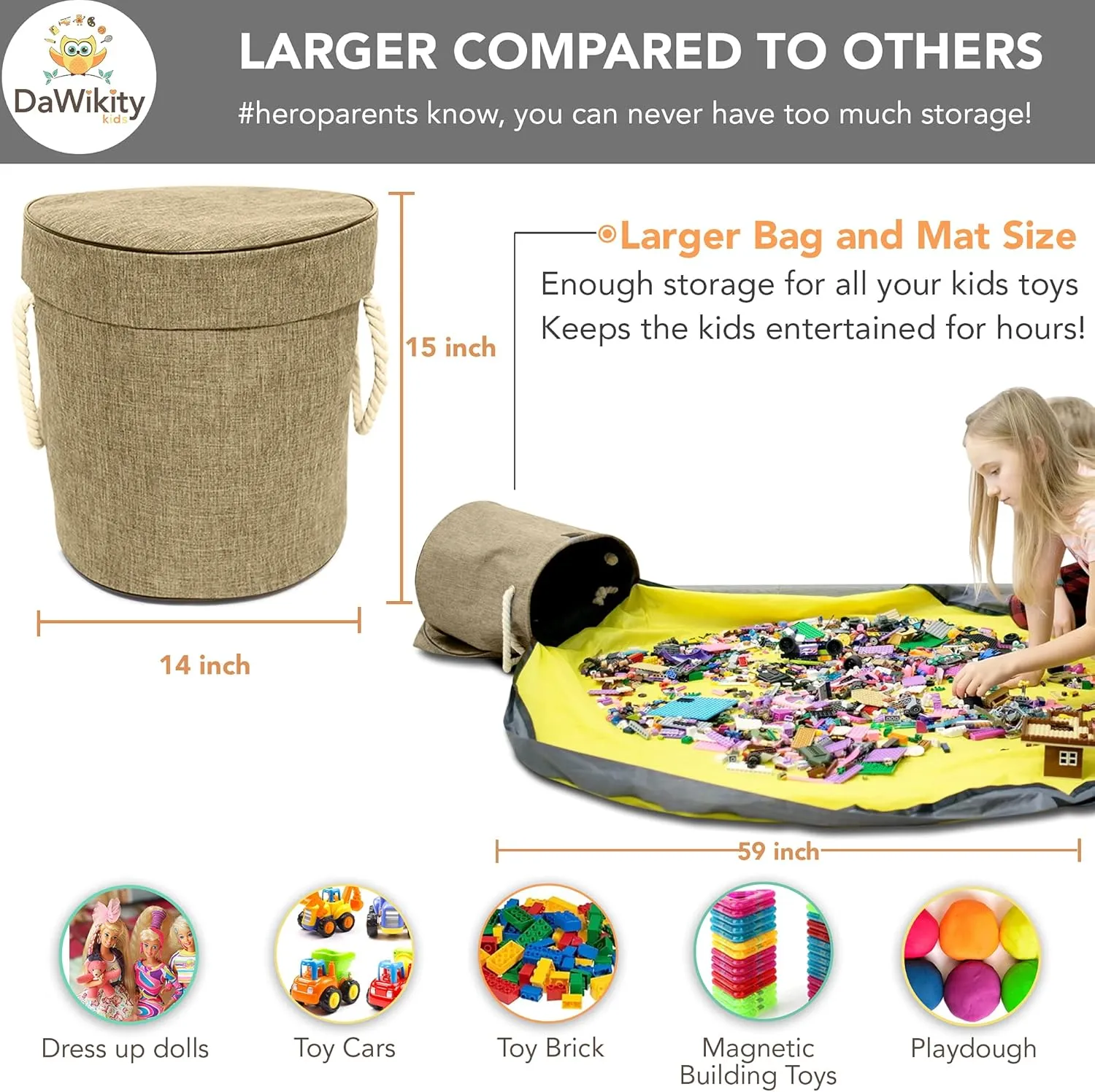 Toy Storage Basket and Play Mat - Building Bricks Toy Storage Organizer - Tidy with Ease - Toy Blocks Mat Storage Bag - Collapsible XL Kids Canvas Bag/Bin - Drawstring Playmat Boy/Girls-15"x14(BEIGE)