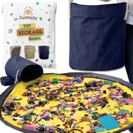 Toy Storage Basket and Play Mat - Building Bricks Toy Storage Organizer - Tidy with Ease - Toy Blocks Mat Storage Bag - Collapsible XL Kids Canvas Bag/Bin - Drawstring Playmat Boy/Girls-15"x14(NAVY)